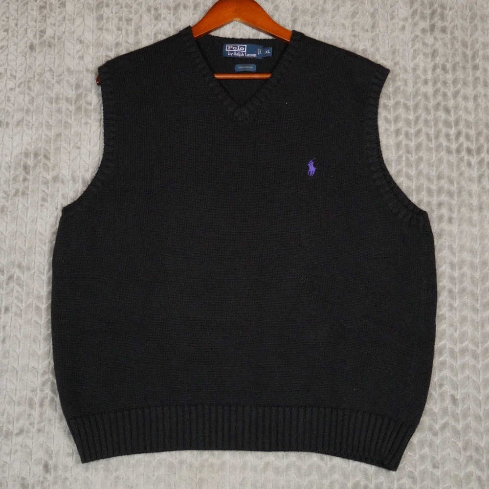 Polo Ralph Lauren Sweater Vest Men XL Black Purple Pony Logo 100% Cotton Knit